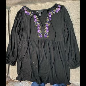 INC Black peasant top with purple flowers SIZE - Medium